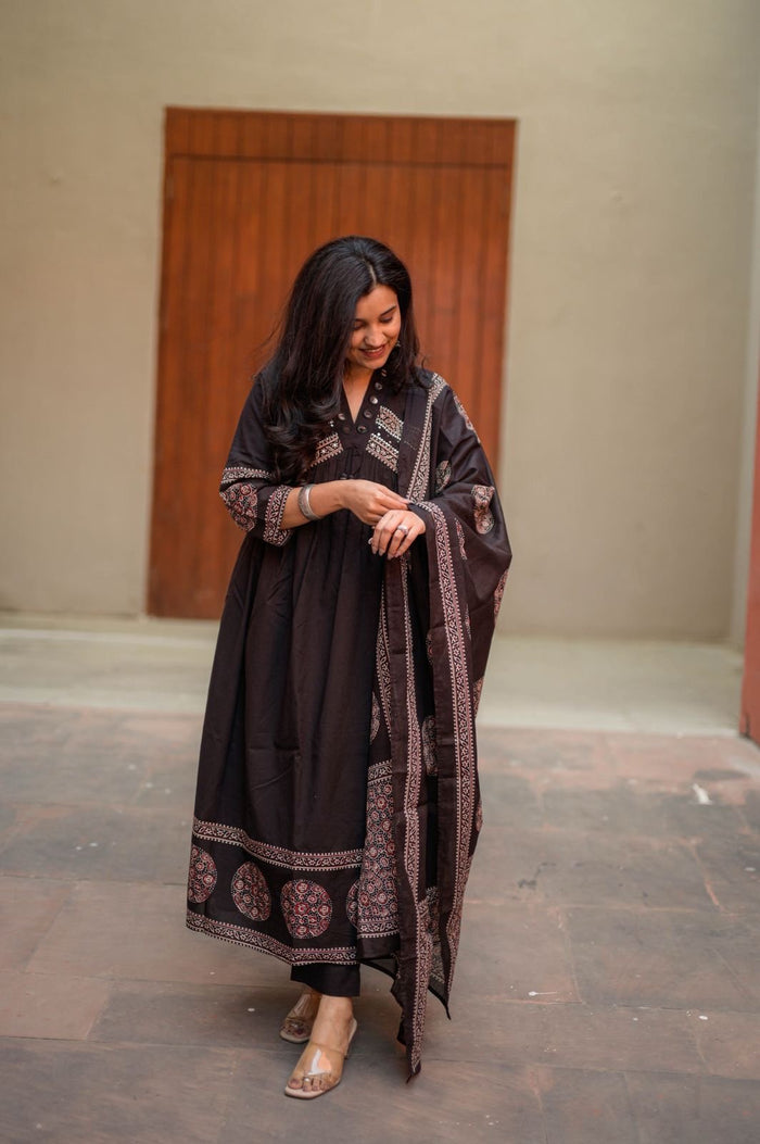 Liya Flared Ajrakh Cotton Set- Black