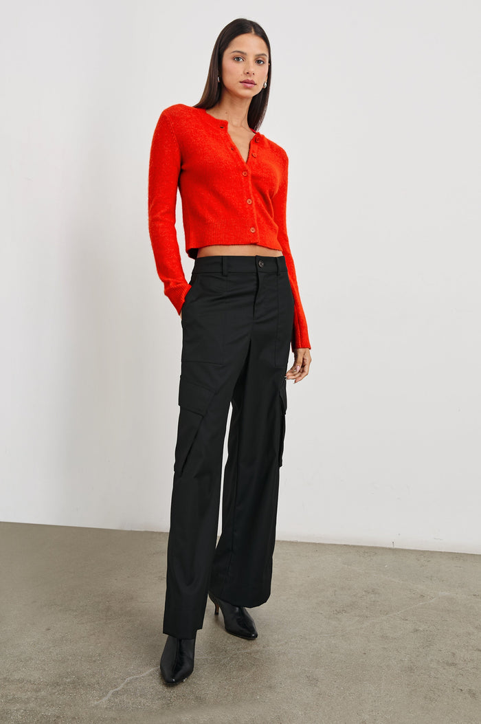 Matilda Cropped Long-Sleeve Sweater with Button Closure, Crew Neck and Ribbed Trim in Cherry Colorway - Front Full Body View Featured on Model