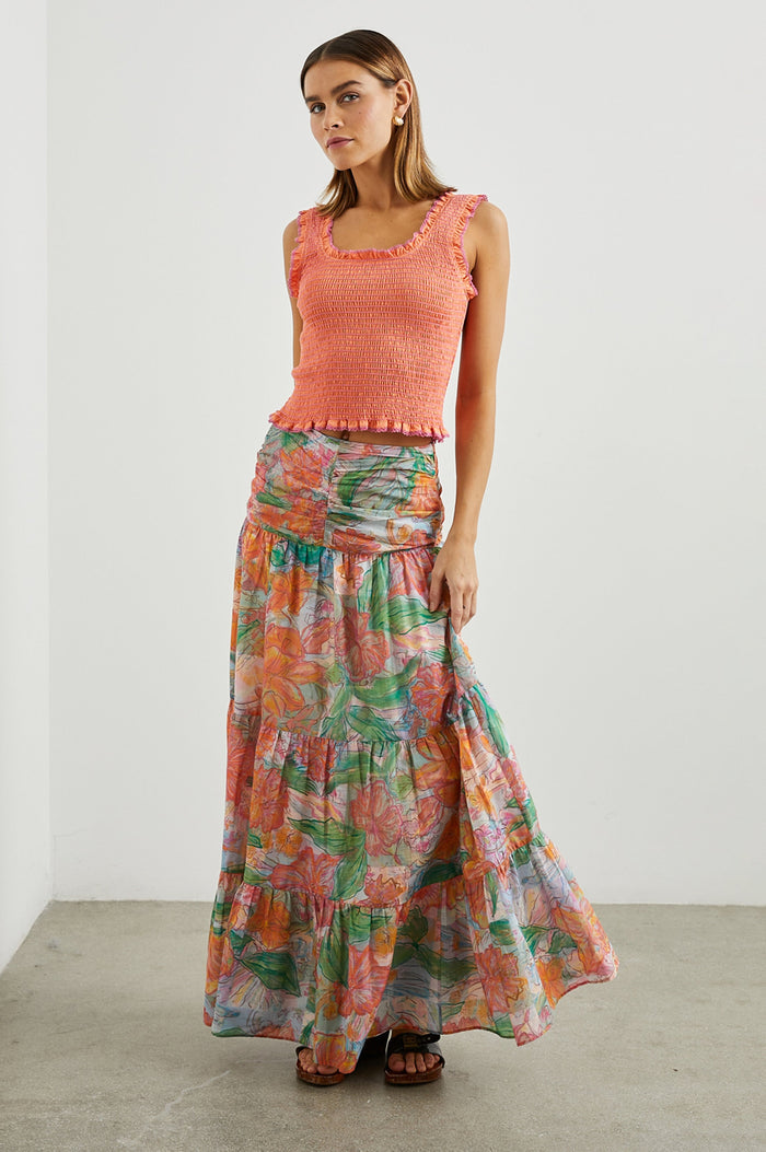 Maxine Crop Tank with Smocking Throughout and Ruffled Trim in Papaya Colorway, with Pink Stitching Details - Front Full Body View Featured on Model