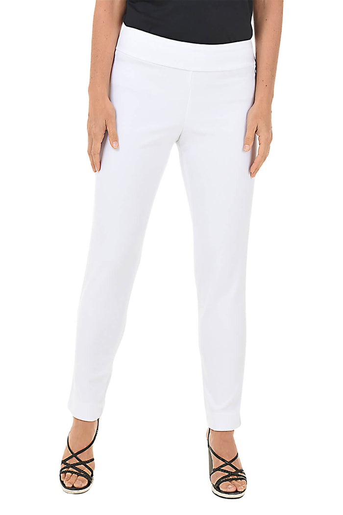 A front shot of a model wearing a pair of white microfiber pull-on ankle pants with an elastic waistband, displayed on a model wearing black top and heels