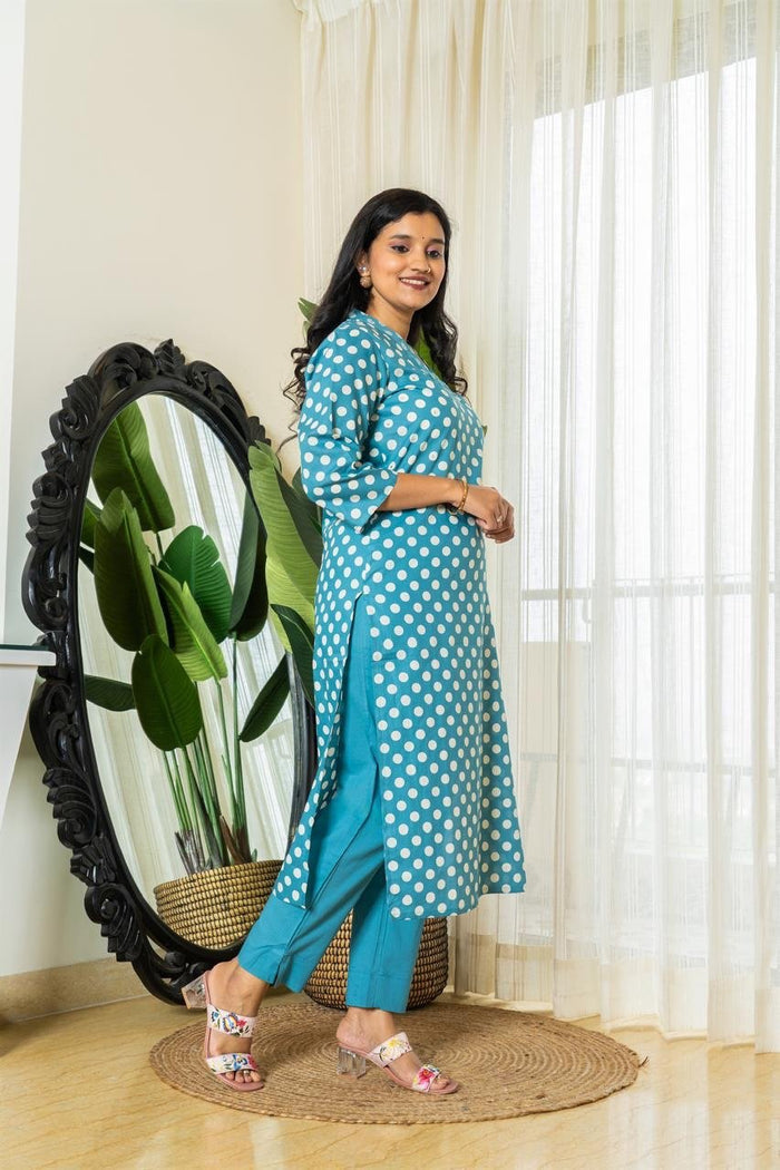 Mini Polka Cotton Pant Set-Light Blue