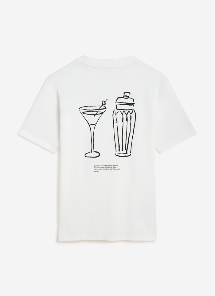 The back of the white Percival Mixologist t-shirt, featuring a hand-drawn cocktail glass and shaker graphic.