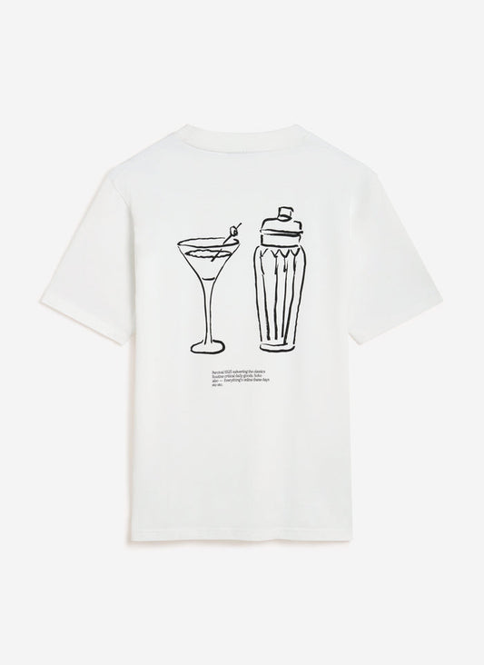The back of the white Percival Mixologist t-shirt, featuring a hand-drawn cocktail glass and shaker graphic.