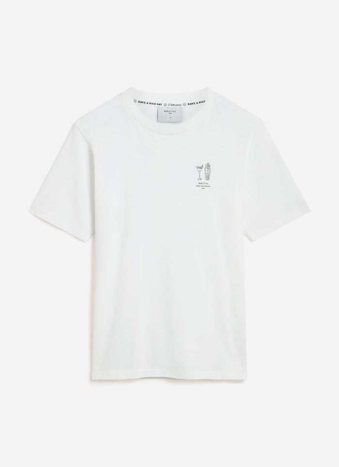 The Percival Mixologist T-shirt in white organic cotton, laid flat to show the cocktail graphic on the chest.