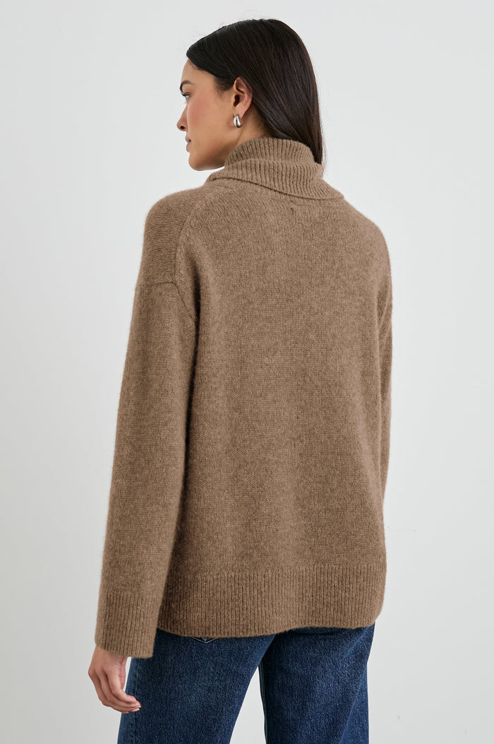 Nadine Long-Sleeve Sweater with a Roll Neck and Ribbed Trim in Oatmeal Colorway - Back View Featured on Model