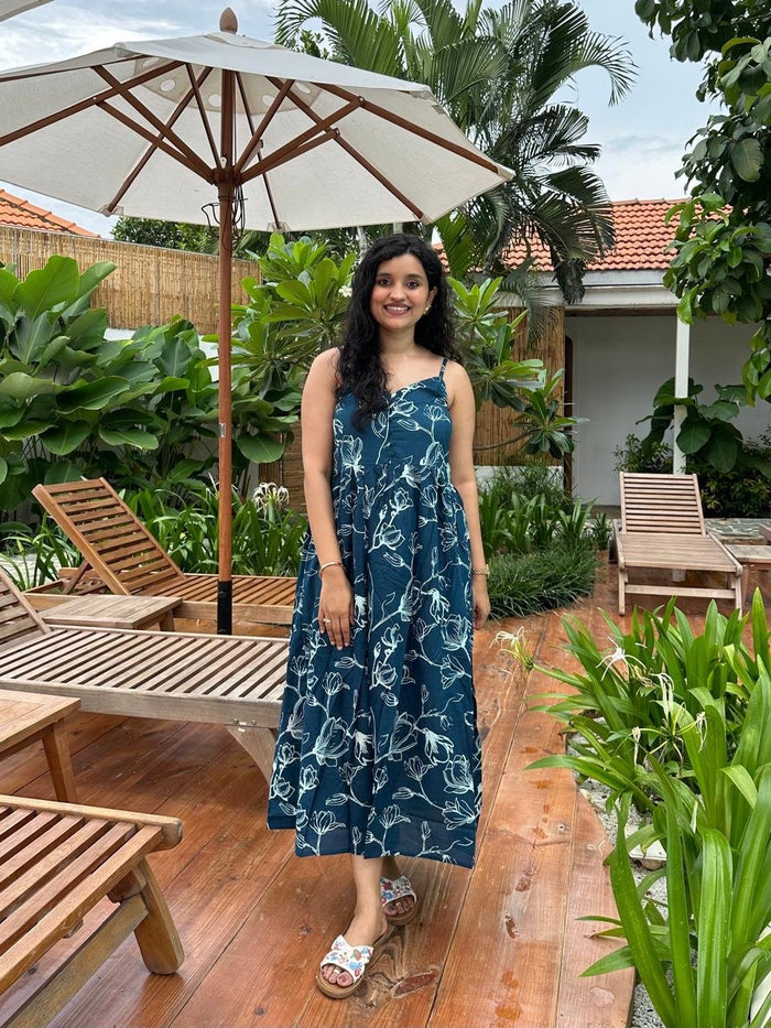 Noodle Strap Cotton Dress- Dark Blue Floral