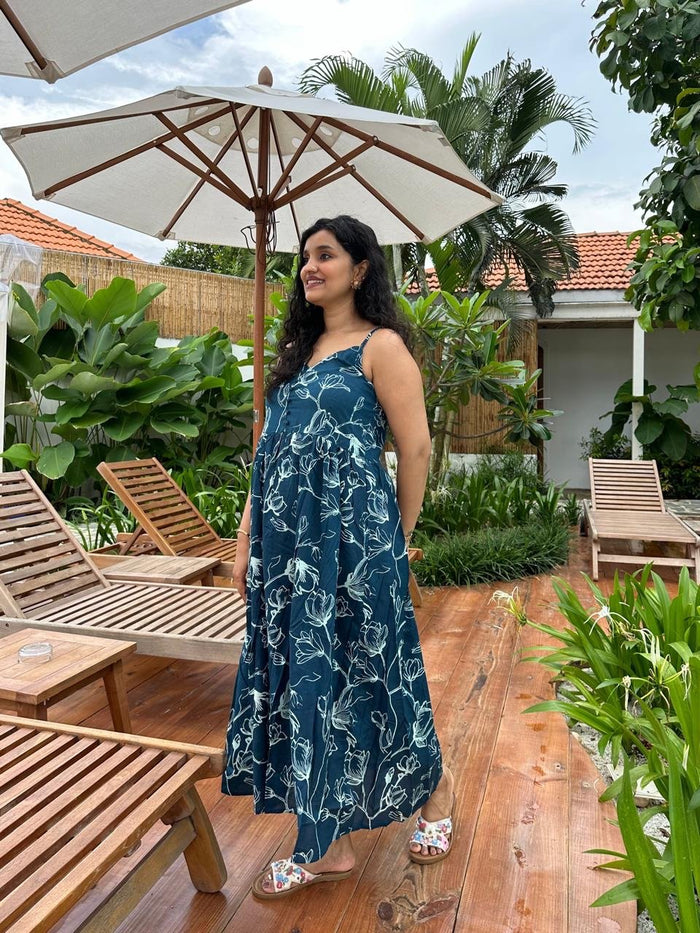 Noodle Strap Cotton Dress- Dark Blue Floral