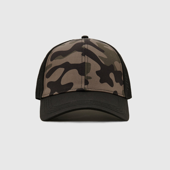 Olive Camo All Purpose Cap with black brim and mesh sides.