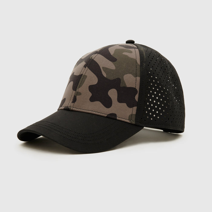 Olive Camo All Purpose Cap with a black trucker-style design.