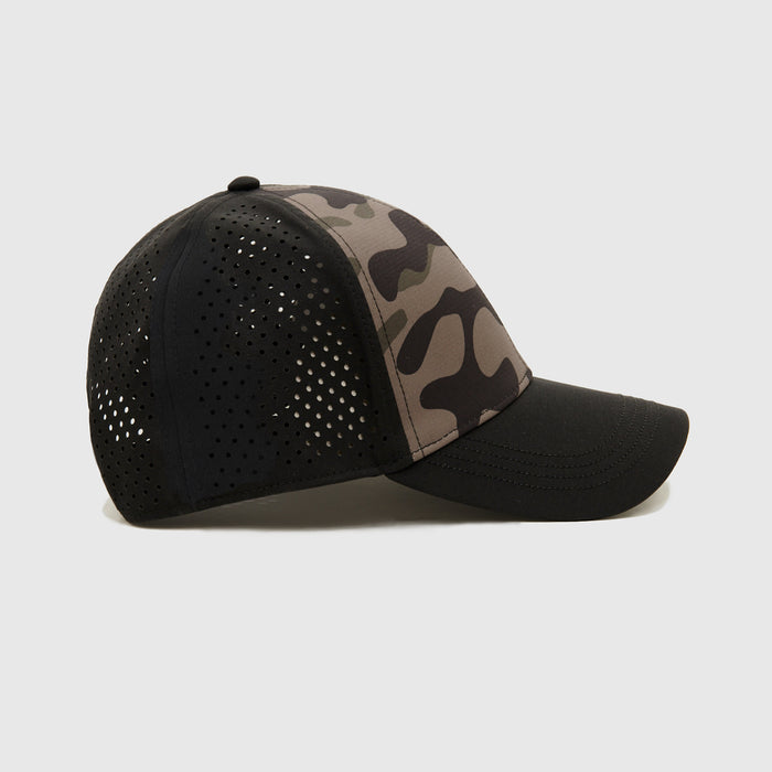 Olive Camo All Purpose Cap with black mesh panels.