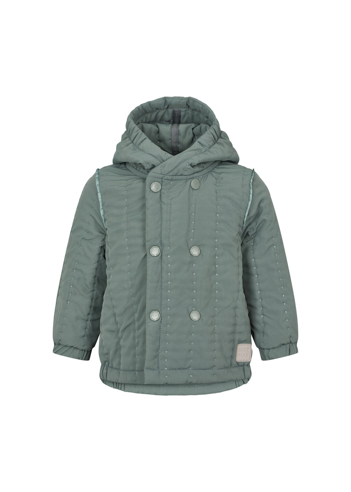 dusty green thermal jacket with hood and double-breasted button closure