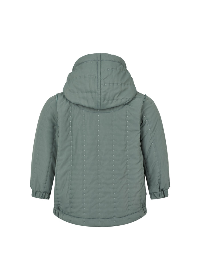 dusty green thermal jacket with hood and double-breasted button closure
