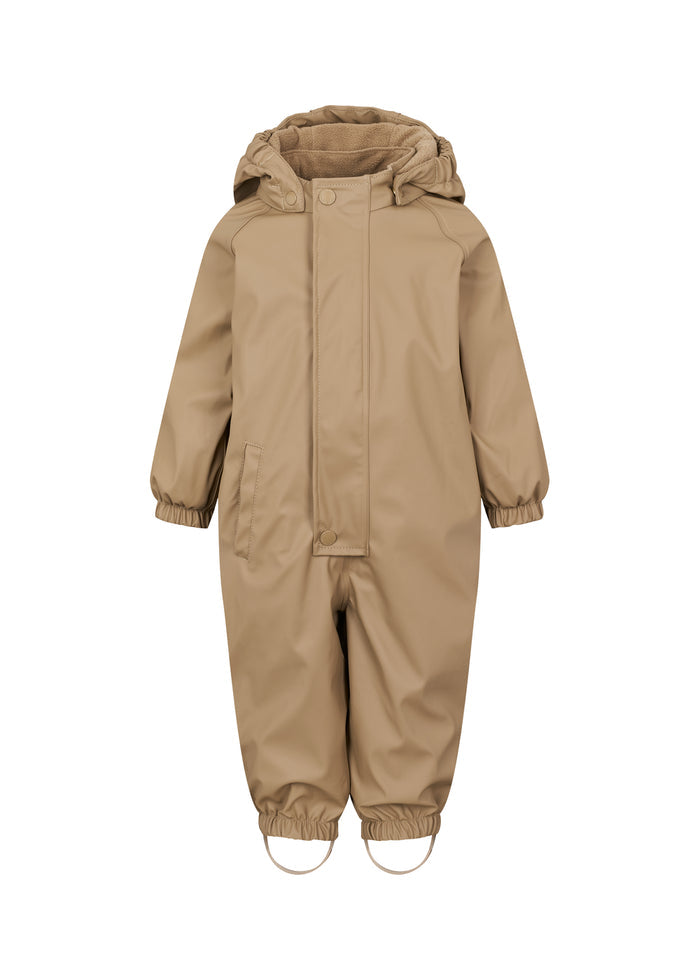 Beige rain suit for children with hood and elastic straps