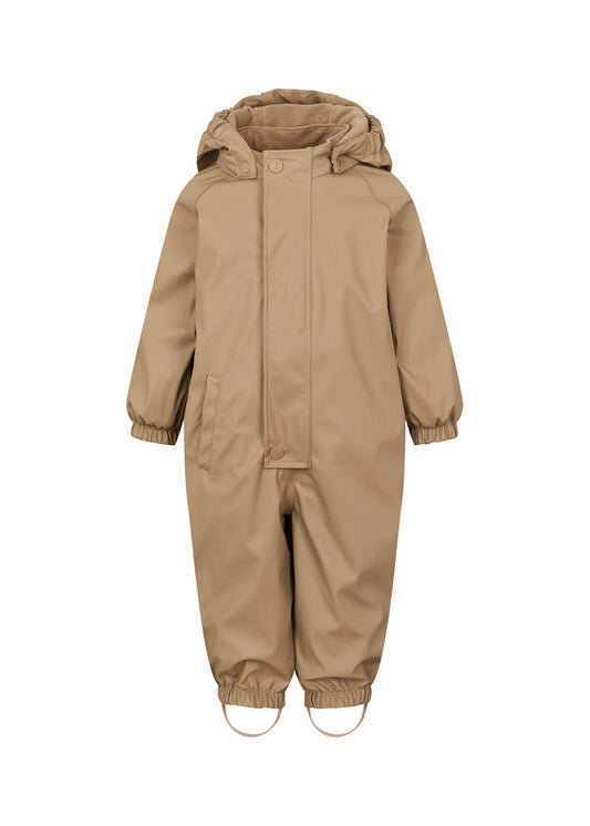 Beige rain suit for children with hood and elastic straps