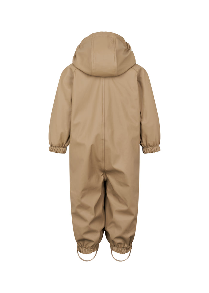 Beige rain suit for children with hood and elastic straps