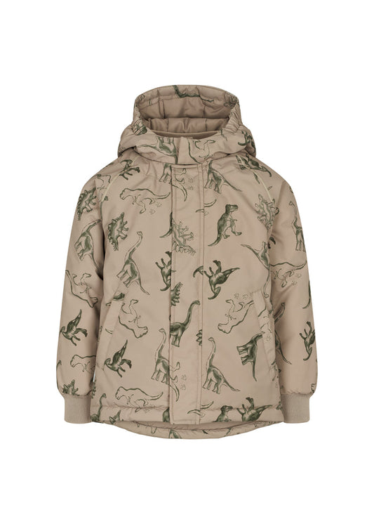Børnevinterjakke med hætte og beige dinosaurprint, forside med lynlås