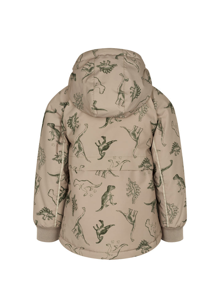 Børnevinterjakke med dinosaurprint, beige jakke med hætte og fuld lynlås