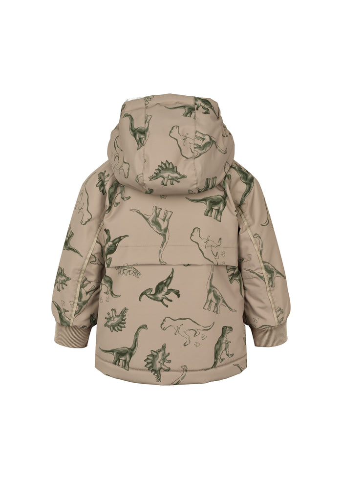 Børnevinterjakke med dinosaurprint, beige jakke med hætte, set bagfra