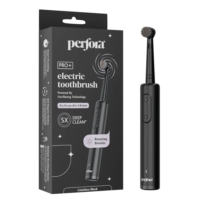 Perfora's Oscillating electric toothbrush in black with packaging displaying 'Perfora' branding on a white background.
