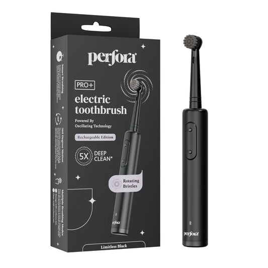 Perfora's Oscillating electric toothbrush in black with packaging displaying 'Perfora' branding on a white background.