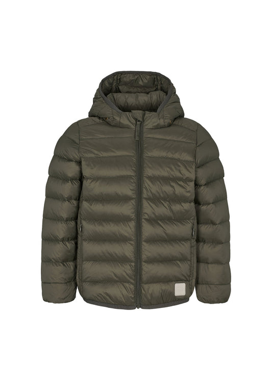 Dark green quilted jacket for children with hood and zipper