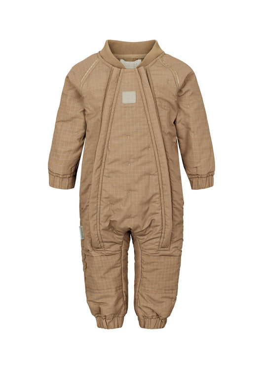 brown thermal suit for baby with zipper and reflective label