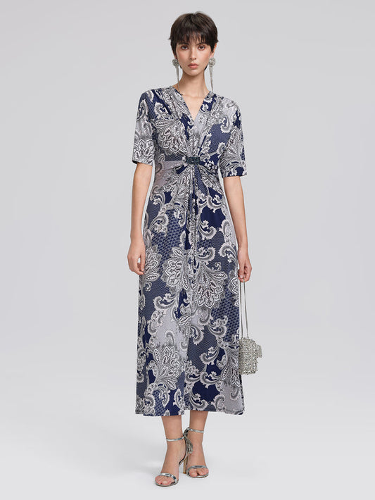 Paisley Print Twist Waist V-Neck Dress