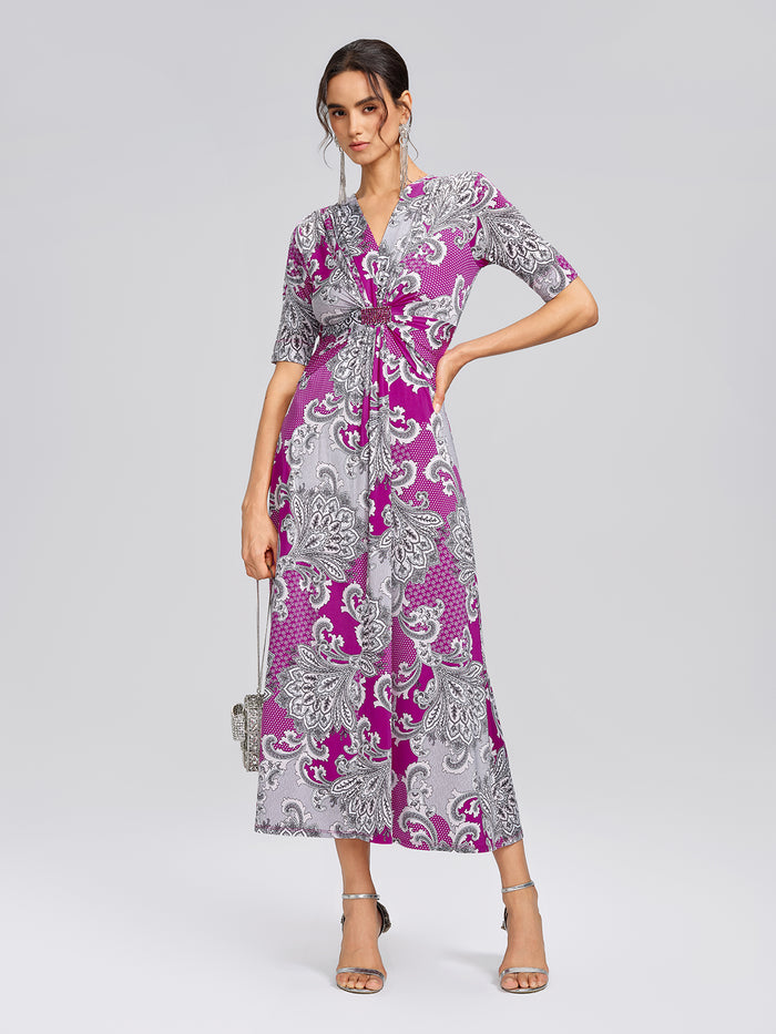 Paisley Print Twist Waist V-Neck Dress
