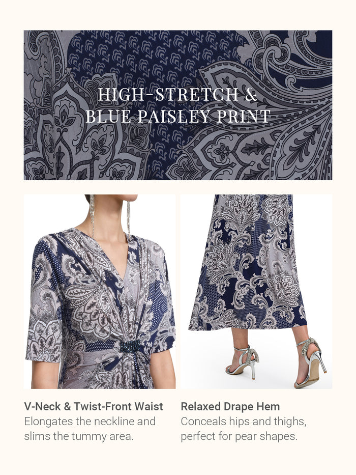 Paisley Print Twist Waist V-Neck Dress
