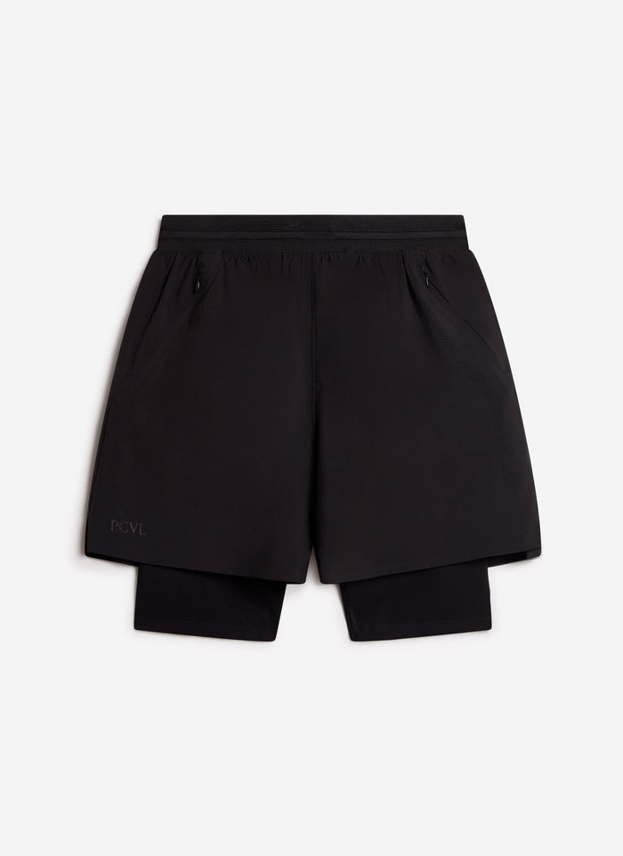 The Percival PCVL 2 in 1 performance shorts in black, laid flat to showcase the lightweight outer and supportive inner layer.