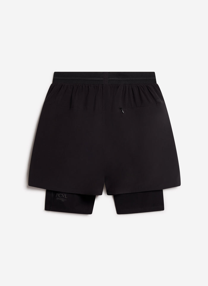 The Percival PCVL 2 in 1 Shorts in black, shot from the back to highlight the secure zip pocket and inner compression short.