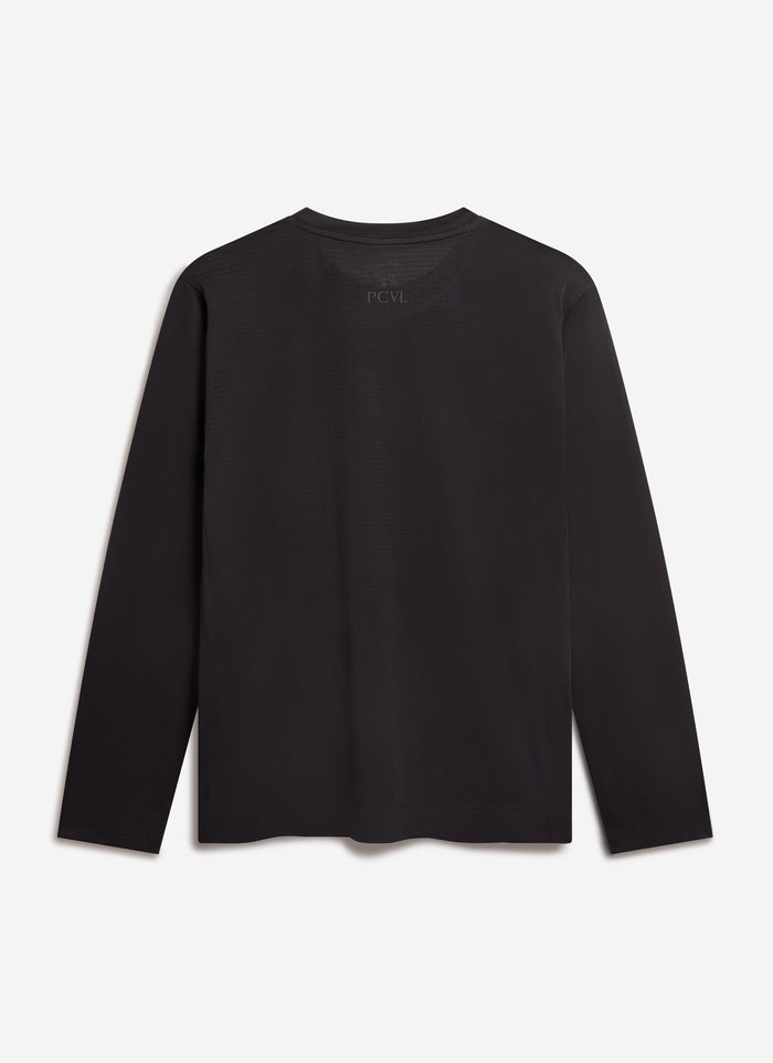 The back of the Percival PCVL Long Sleeve Performance Top in black, showing the ventilated mesh and subtle branding.