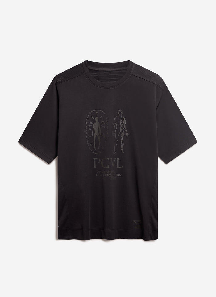 The Percival PCVL Printed Performance T-shirt in black, laid flat to display its tonal, anatomical chest print.
