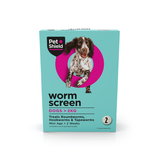 Pet Shield worm screen packaging for dogs on a white background