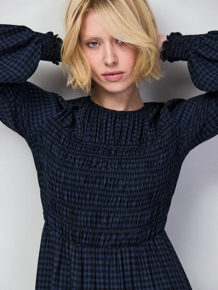 Petite Navy Check Shirred Bodice Dress