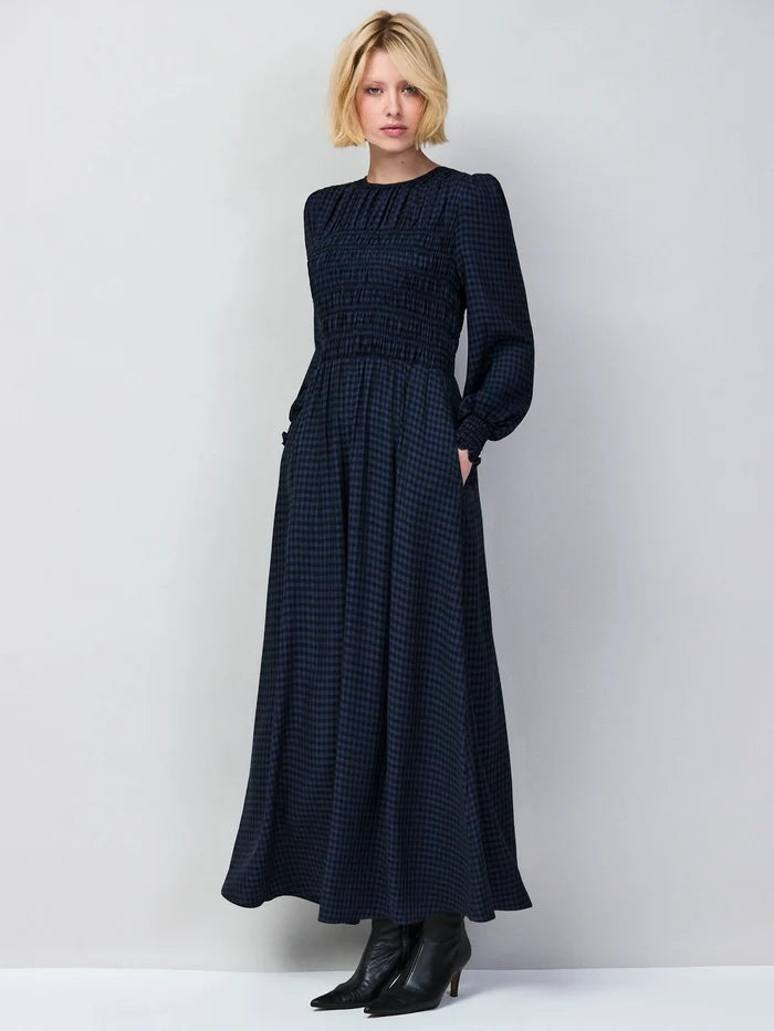 Petite Navy Check Shirred Bodice Dress