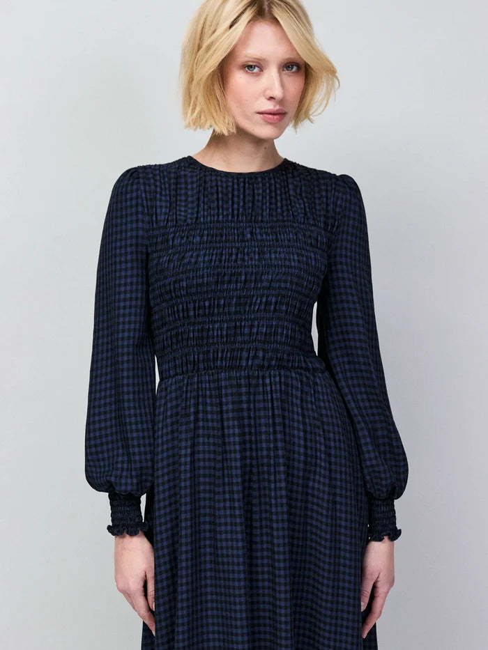 Petite Navy Check Shirred Bodice Dress