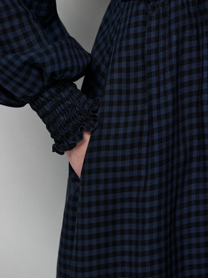 Petite Navy Check Shirred Bodice Dress