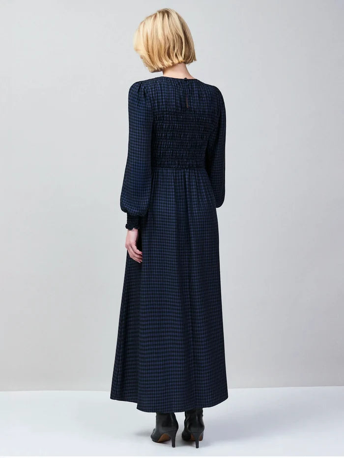 Petite Navy Check Shirred Bodice Dress