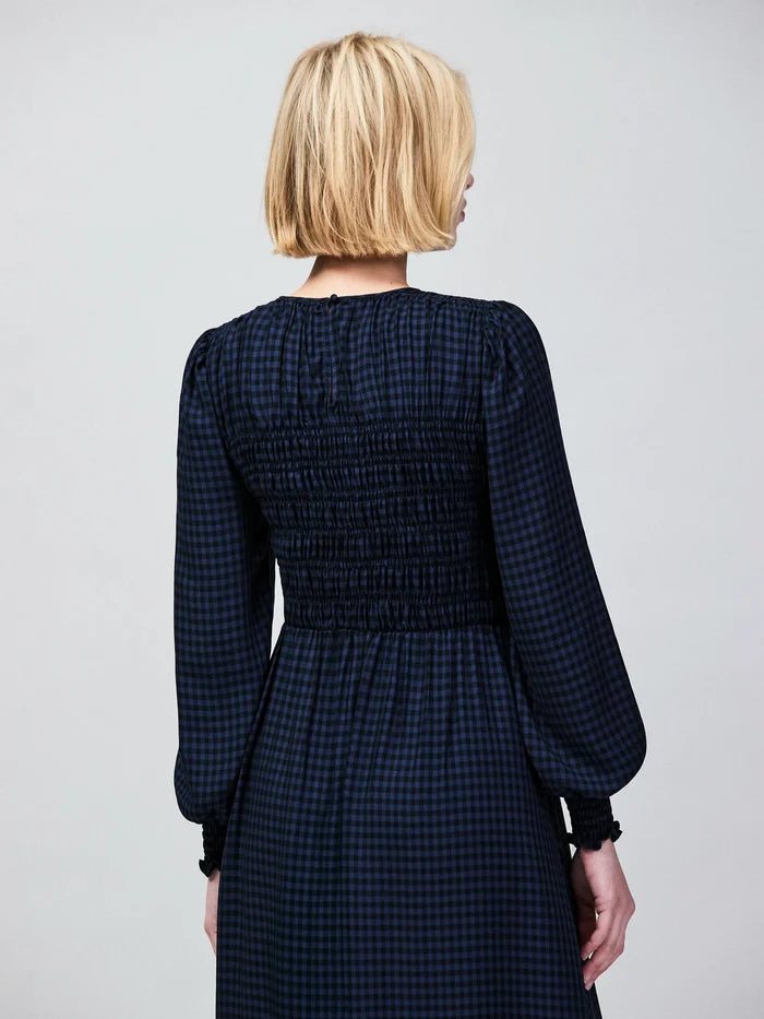 Petite Navy Check Shirred Bodice Dress