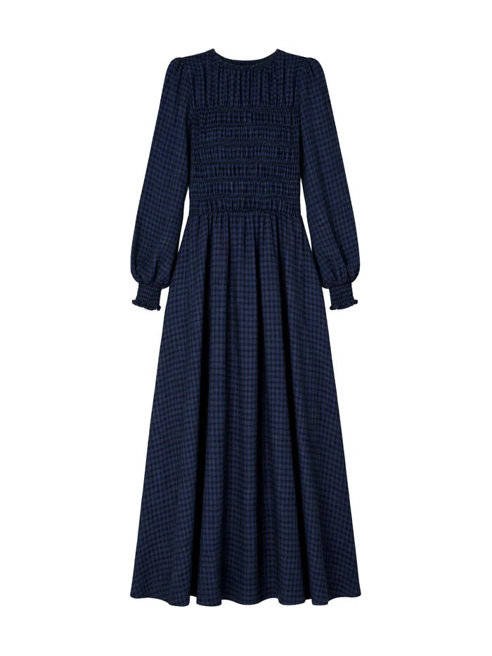 Petite Navy Check Shirred Bodice Dress