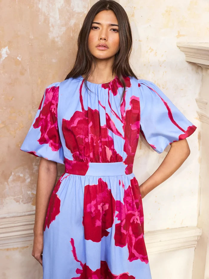 Petite Seraphina Pink And Blue Floral Puff Sleeve Dress