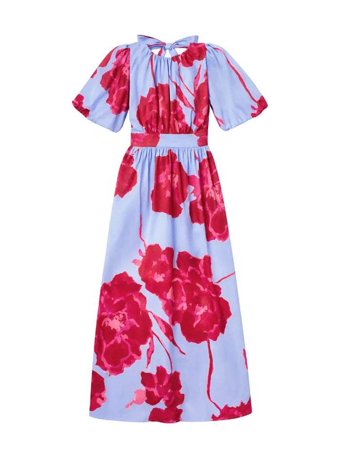 Floral dress with red flowers on a light blue background