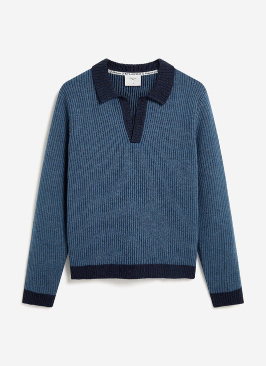 The Percival Picnic Polo in navy, a two-toned cotton knit with a vertical rib texture, laid flat against a white background.