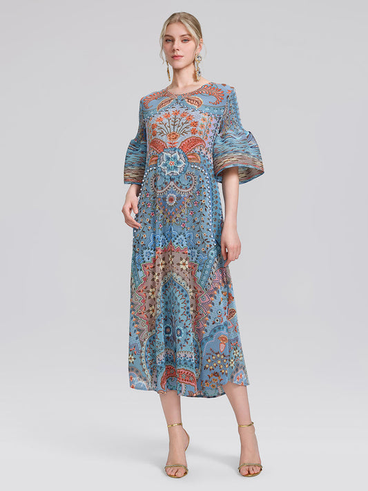 Pleated Beaded Floral Print Dress