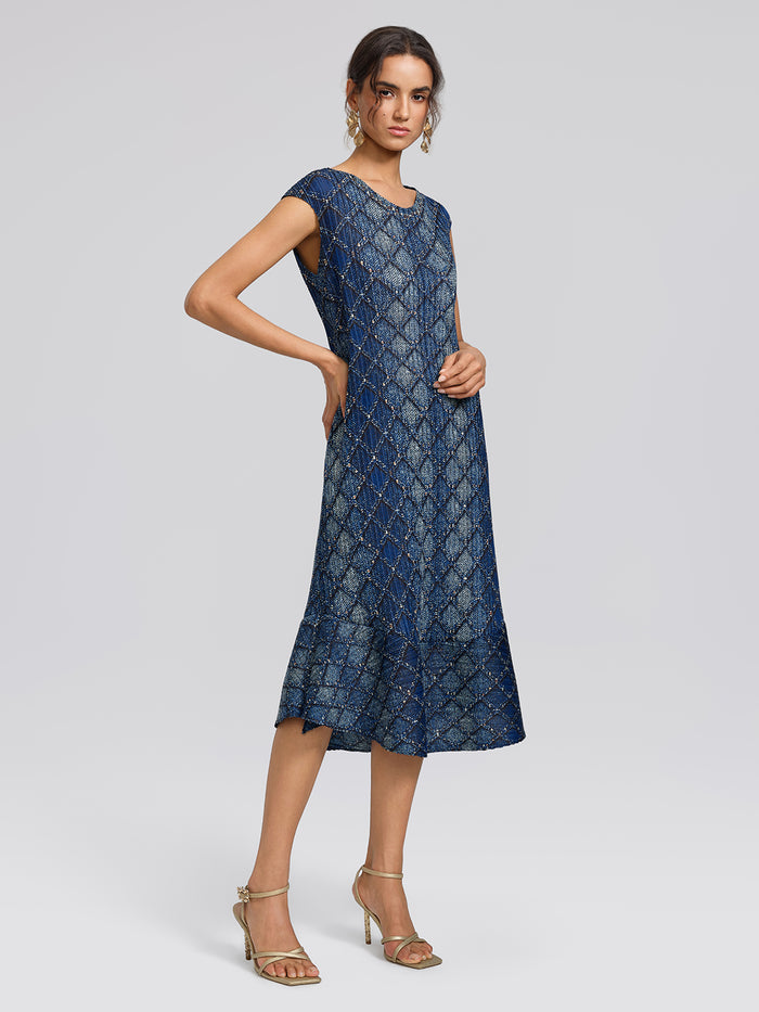Pleated Diamond Print Mermaid Dress