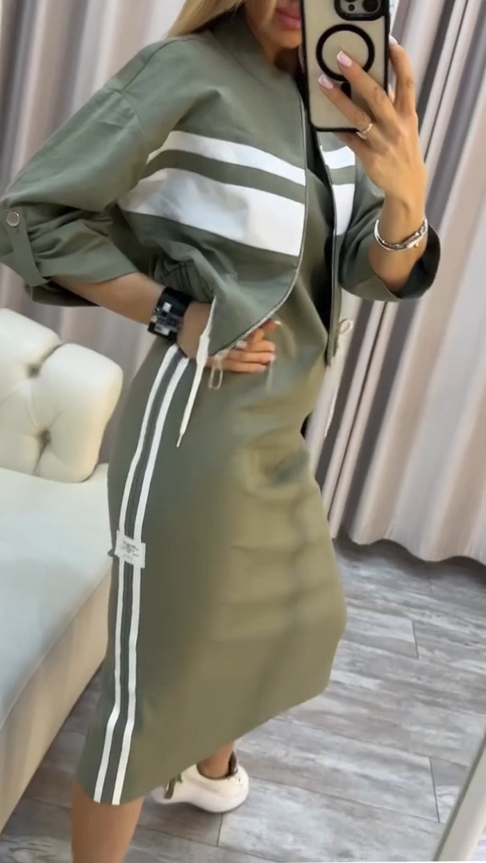 Pravella - Ensemble femme casual-chic avec robe midi à col rond et veste zippée