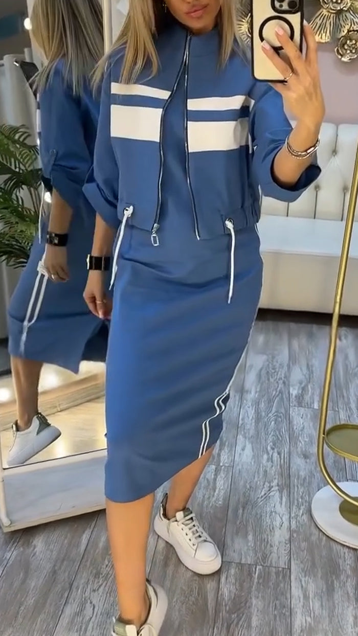 Pravella - Ensemble femme casual-chic avec robe midi à col rond et veste zippée