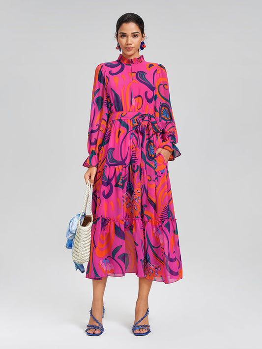 Printed Elastic Waist Mock Neck Dress (Detachable Belt Included)
