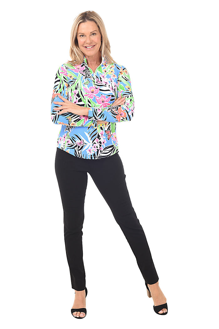 A front shot of a model wearing black pull-on slim full-length pants with a slim leg
